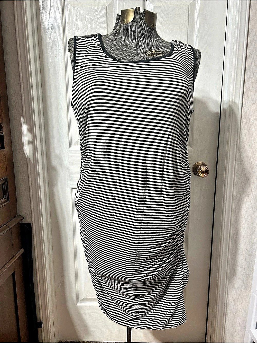 Striped Ruched Midi Dress in Black & White Jersey Knit. Lined. Like New